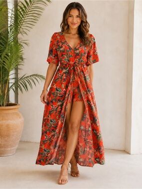 Floral Red Maxi Wrap Dress with Front Slit